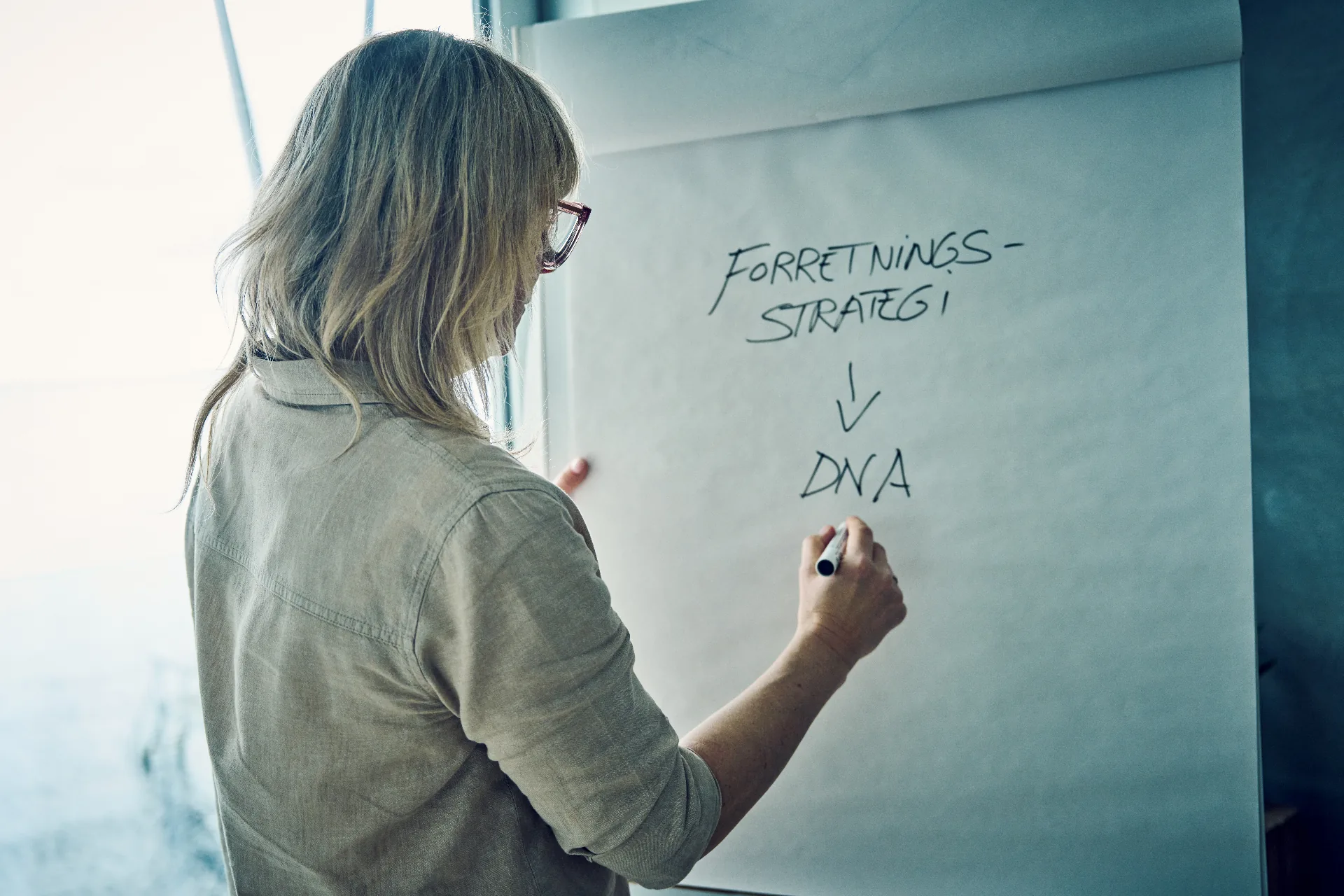 Camilla skitserer brandstrategi på whiteboard